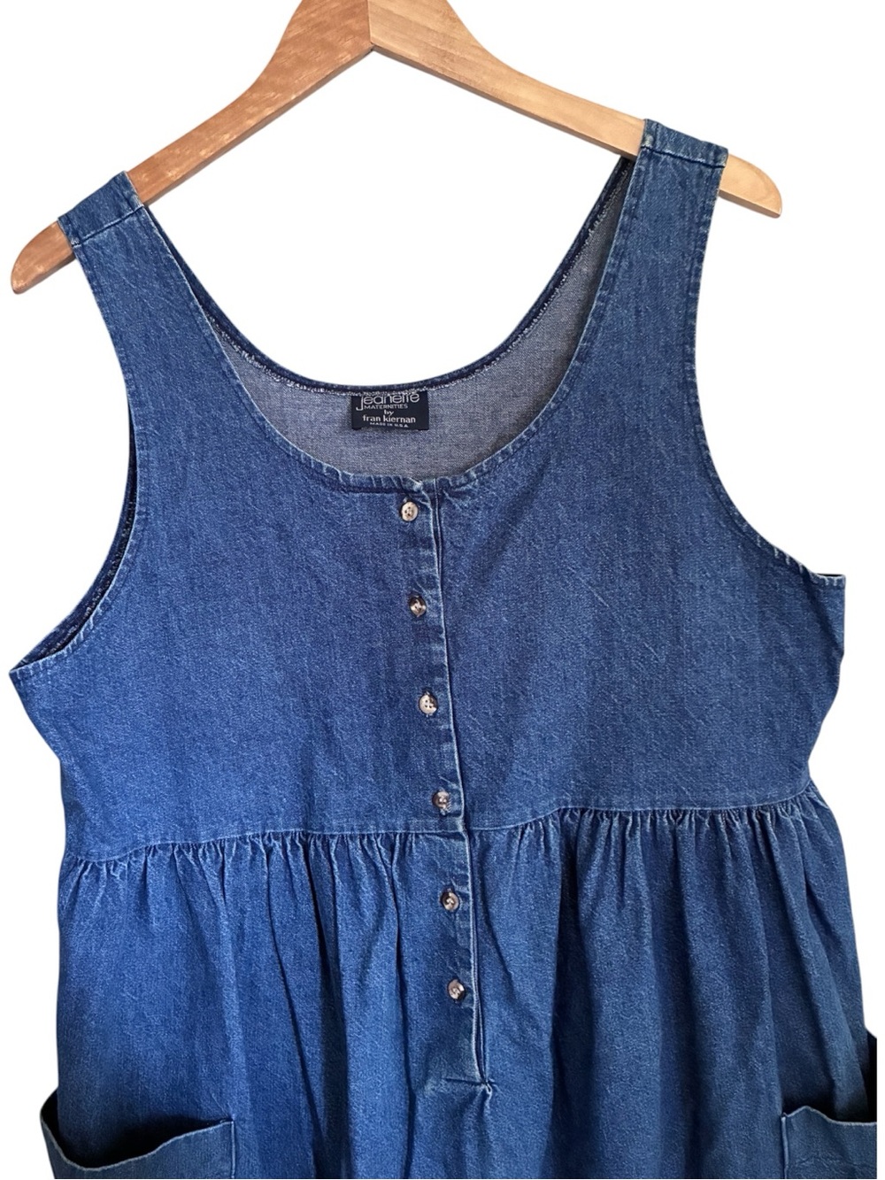 VTG 90s Maternity Blue Denim Prairie Chic Pinafore Chore Overall Dress Sz 12 Lg - Picture 2 of 8